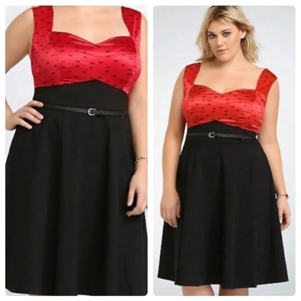 Torrid NWT Dress Black Red Satin Swing Rockabilly Sweetheart Pin Up Bows sz 22
